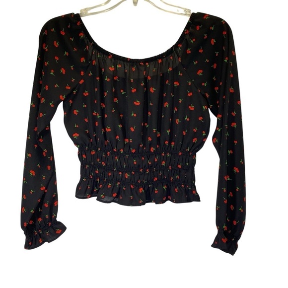 IRIS Women size Medium Black cherry print long sleeve off shoulder ruched blouse - Picture 1 of 8